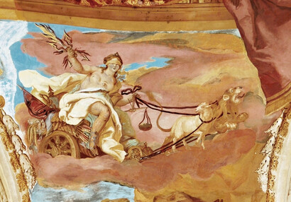 Detail of the allegory Justice from the fresco above a cornice in the Hall of the Ancestors